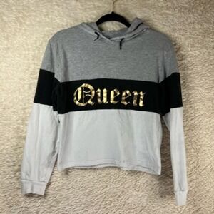 On Fire Hoodie Sweatshirt Womens M Gray Black QUEEN Graphic Pullover Color Block